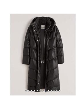 Abercrombie Vegan Leather Long Puffer Jacket Hooded Small Black Quiet Luxury